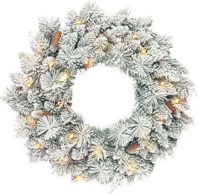Produktbild von Tannenkranz Weihnachtskranz mit LED-Lichterkette, Tannenzapfen, Türkranz Grün+Weiß, Ø60 x 8 cm