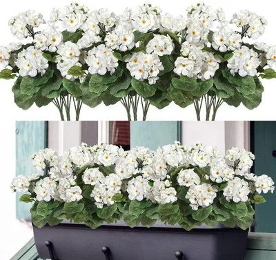 Zdjęcie produktu dla Uniqoos® Realistyczne rośliny geranium – zestaw 3 sztuk (wysokość każdej rośliny 36 cm), odporne na promieniowanie UV, do użytku wewnątrz i na zewnątrz, elastyczne łodygi, bujne liście