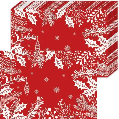 Obrázek produktu pro Papírové podtácky na Vánoce, 50 kusů, červené, s motivem jehličí a plodů, rozměry 40 x 28 cm, jednorázové