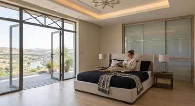 Obrázek produktu pro Čalouněná postel, béžová barva, moderní design, látková postel, ložnice, komfort