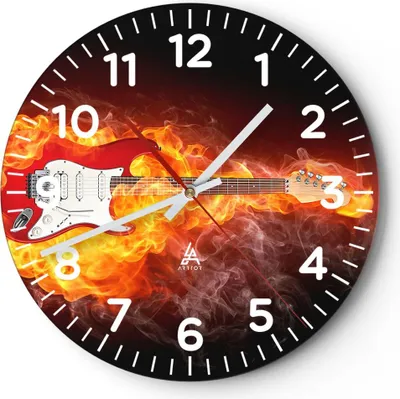 Produktbild von Wanduhr - Rund - Glasuhr - Flammen Gitarre Instrument - 40x40cm - Schleichendes Uhrwerk - Lautlos - zum Aufhängen bereit - Dekoration Modern - Wanddekoration aus Glas - C4AR40x40-0196