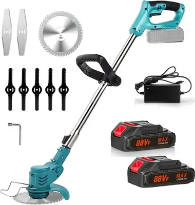 A collection of cordless string trimmer accessories and parts, including batteries, charger, blades, and a wrench, arranged on a white background.