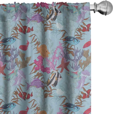 Produktbild von ABAKUHAUS Unterwasser- Vorhänge, Gardinen, Fisch, Wassertiere Quallen Seestern Sea Creatures Muster, 2 Stück 75 x 175 cm, Pale Sky Blue Mehrfarbig