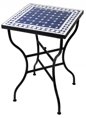 Produktbild von ORIGINAL Marokkanischer Mosaiktisch Bistrotisch 50x50cm Groß eckig klappbar | Eckiger Kleiner Mosaik Gartentisch Mediterran | als Klapptisch für Balkon oder Garten | Marrakesch Blau Weiß 50x50cm