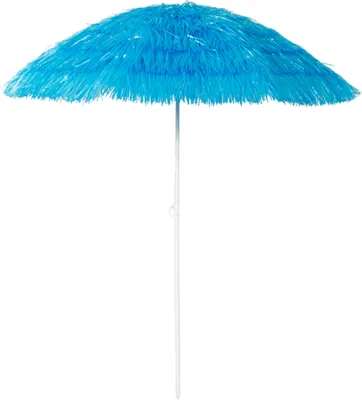 A blue beach umbrella with a white pole against a white background.