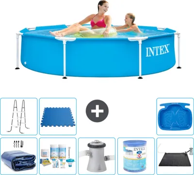 Produktbild von Intex-Schwimmbecken mit rundem Rahmen – 244 x 51 cm – Blau – im Lieferumfang enthalten Sonnensegel - Wartungspaket - Filterpumpe für Schwimmbad - Filter - Solarmatte - Leiter