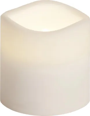 A close-up, studio shot of a white LED candle.