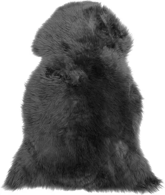 A dark gray sheepskin rug is shown against a white background.