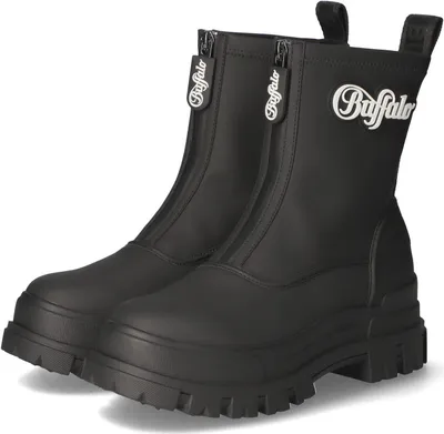 A pair of black Buffalo boots with zippers and the Buffalo logo.