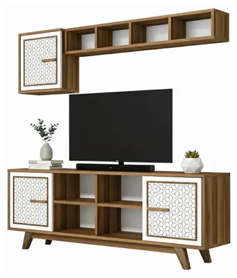 Produktbild von Fernsehschrank Djajal, Ständer für Wohnzimmerfernseher, Niedriges Wohnzimmer-Sideboard, TV-Ständerbasis, 160x35h56 cm, Walnuss und Weiß