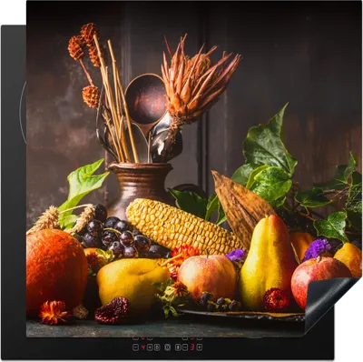 Obrázok produktu pre KitchenYeah® Kryt na sporák zelenina - ovocie - rustikálny - stôl, 78x78cm, kuchynská dekorácia, keramický kryt na varnú dosku, krycia doska na varnú dosku