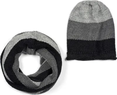 Produktbild von styleBREAKER Uni Strick Loop Schal und Mütze Set mit Streifen Muster, Strickschal mit Beanie Strickmütze, Winter 01018215