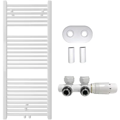 Imagen del producto de Juego de radiador para baño Lincoln, calefacción central, conexión central de 50 mm, 366W, blanco brillante, 1200x500 mm