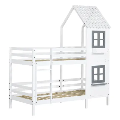 Produktbild von Flieks Etagenbett 90x200cm Kinderbett mit Rausfallschutz, Hochbett mit Leiter, Hausbett mit Lattenrost Holzbett für 2 Kinder, Kieferholzbett