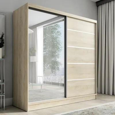 A modern sliding door wardrobe with a mirrored front and wood-effect panels.
