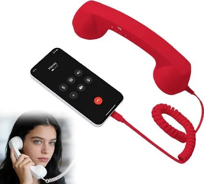 Zdjęcie produktu dla Retro słuchawka telefoniczna - słuchawka z portem Type-C do podłączenia do stacji dokującej - adapter vintage, pozwalający podłączyć telefon komórkowy do linii stacjonarnej - wyposażona w przycisk odebrania, mikrofon i głośnik - 1 sztuka (czerwona, z portem Type-C)