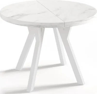 Obrázek produktu pro Designový kulatý rozkládací jídelní stůl ve vzhledu bílého mramoru - loftový styl, industriální, šetřící místo - bílé nohy - 100 až 200 cm - pro 5-10 osob - bílý mramor - 200 cm