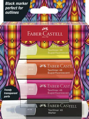 Obrázok produktu pre Faber-Castell Textmarker 46 Glassy SF, 4 kusov, Viacfarebný, Guličkové zakončenie, Viacfarebný, Obdĺžnik, 1,5 mm