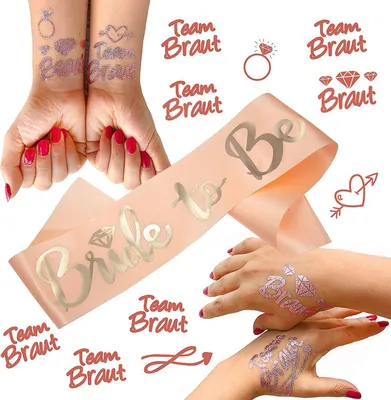 Produktbild von Oblique Unique JGA Hochzeit Accessoire Set - Braut Schärpe + Braut - Team Braut Tattoos lachs roségold