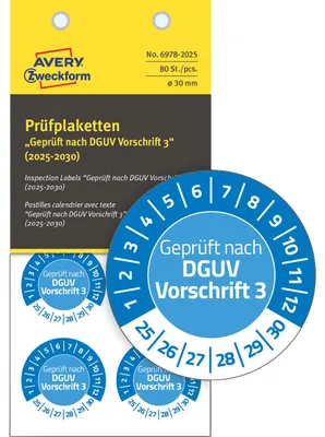 Produktbild von Avery Zweckform 6978-2025, Prüfplaketten, ? 30 mm, 10 Bögen, blau