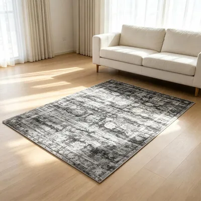 Image de Tapis gris moderne avec motif floral vintage, dimensions : 120 x 160 cm