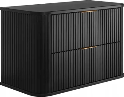 A black cabinet with two drawers and gold handles, shown from a three-quarter angle against a white background.