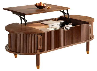 Obrázok produktu pre Obdĺžnikový konferenčný stolík Moonbite s výškovo nastaviteľnou funkciou, rozmer 110 × 48 cm, s úložným priestorom, posuvnými dvierkami a textúrovanou prednou časťou, vyrobený z MDF dosky, s povrchovou úpravou imitujúcou orechové drevo