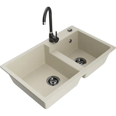 Obrázek produktu pro Mexen Tomas 2-miskový granitový dřez s kuchyňskou baterií Telma, Béžová - 6516-69-670200-70
