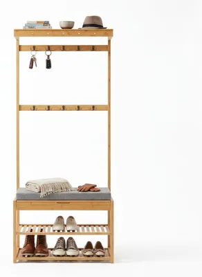 Produktbild von Relaxdays Garderobenständer, Sitzbank, 2 Schuhablagen, 10 Haken, HxBxT: 175x70x33 cm, Bambus, Kleiderständer, natur