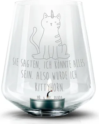 Produktbild von Mr. & Mrs. Panda Kerzenglas Einhorn Katze - Transparent - Geschenk, Kerzenhalter, Regenbogen, Mieze, glas, Teelichthalter, Laterne, Unicorn, Glitzer, gravur, Windlicht