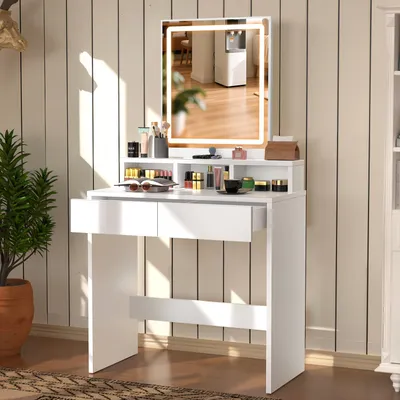 Obrázek produktu pro Kaptafel – Toaletní stolek – Stolek na líčení – Zrcadlo s osvětlením – Stolek na make-up – Kompaktní provedení – Nastavitelné LED osvětlení