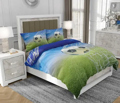 Produktbild von Bettwäsche 140x200 cm + 2x70x80 cm, 3-teilig, 100% Baumwolle, Satin, Reißverschluss, Fußball, Grün - SOVIO | So.0272