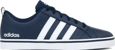 A single navy blue Adidas sneaker with white stripes is shown from the side against a white background.