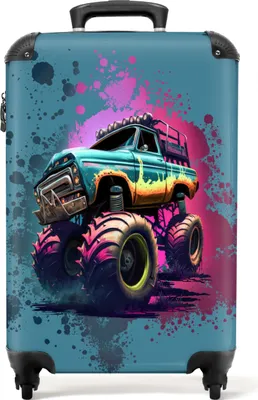 Obrázok produktu pre NoBoringSuitcases.com Detský kufor na príručnú batožinu 55x35x20 cm, 36L, detské potlače pre chlapcov: Modrý - monster truck, kufor na 4 kolieskach
