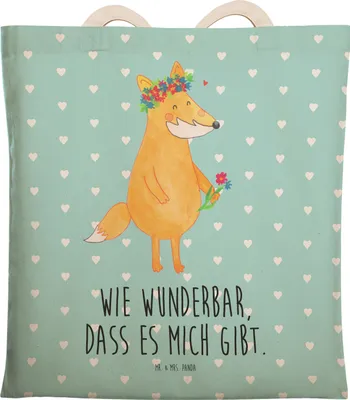 Produktbild von Mr. & Mrs. Panda Tote Bag Fuchs Blumen - Türkis Pastell - Geschenk, Ich, Liebe, großer shopper, Stofftragetasche, Einkaufstasche, Tragetasche, Boho, Selbstbewusst, Tasche