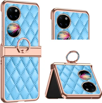 Produktbild von Luxus Leder Muster Galvanik Handyhülle für Huawei P50 Pocket mit Ringhalterung und Scharnierschutz Blau