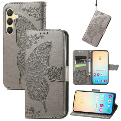 Produktbild von Für Samsung Galaxy S25 5G Kunstleder Wallet Handy Tasche Schmetterling Design Hülle Etuis Grau