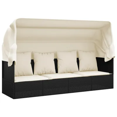 Immagine prodotto di Lettino Prendisole Esterno con Tetto e Cuscini Nero Polyrattan