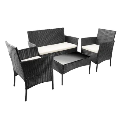 Obrázok produktu pre Sada záhradného nábytku FURNIFY® STEINHOF, 4-dielna | Záhradný salónik s pohovkou, 2 kreslami a stolom so sklenenou doskou | Sada ratanového nábytku