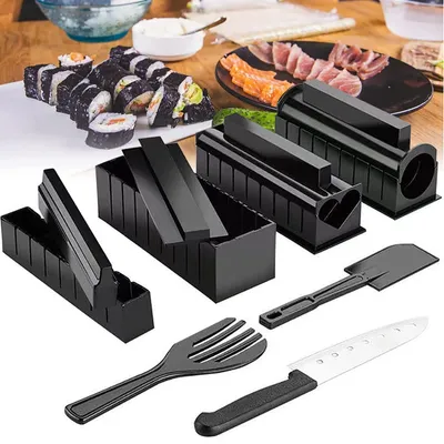 Sushi-Maker-Set, 11-tlg., mit 8 Formen, Reisgabel, Spatel, Messer, schwarz