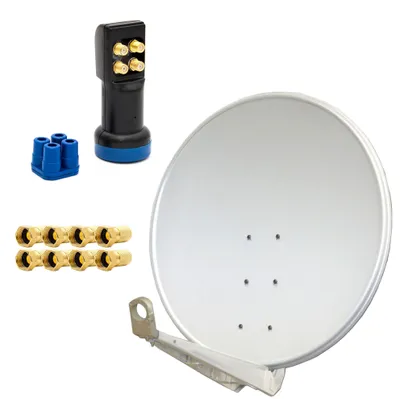 Produktbild von PremiumX DELUXE SAT Anlage bis 4 TV Receiver 100cm Satellitenantenne Aluminium Hellgrau mit LED Quad LNB inkl. 8x F-Stecker