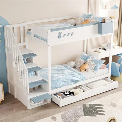 Produktbild von Kinderbett mit Abnehmbarem Ablagefach und Sicherer Aufbewahrungsleiter Etagenbett Jugendbett 90*200 cm Weiß + Blau