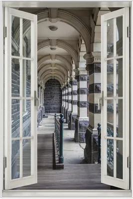 Produktbild von Wallario Wandbild mit Fenster-Illusion: Säulengang in einem Bahnhof in Neuseeland, Größe: 61 x 91,5 cm, Poster mit weißem Aluminiumrahmen