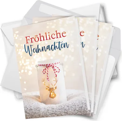 Produktbild von 10 Weihnachtskarten Grußkarten zu Weihnachten - Klappkarten mit Umschlägen - Fröhliche Weihnachten Rentier Kerze