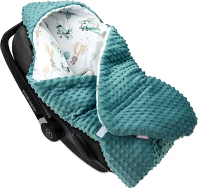 JUKKI® Baby EINSCHLAGDECKE 90x90 cm MINKY mit Kapuze [Balloon Travel Smaragd] für Babyschale Decke Kinderwagen Kindersitz