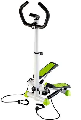 A white and green stepper exercise machine with black handlebars and resistance bands, set against a white background.