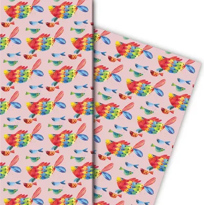 Produktbild von Lustiges Geschenkpapier mit Regenbogen Fischen auf rosa - G7558, 32 x 48cm