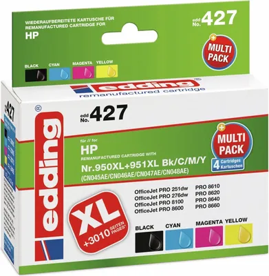 The image shows the retail packaging of an HP ink cartridge multipack.
