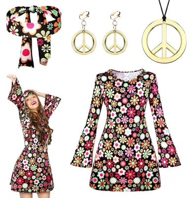 Imagen del producto de Disfraces de hippie para mujer, de colores, talla L, que incluyen accesorios, ideales para el carnaval