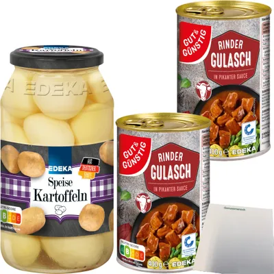 Produktbild von Edeka Speisekartoffeln küchenfertig 425g ATG + 800g Gut & Günstig Rinder Gulasch in pikanter Sauce + usy Block